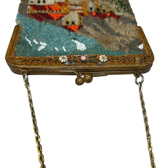 1920s Antique Beaded Scenic Purse Castle Design Enamel Frame VTG - Picture 9 of 10